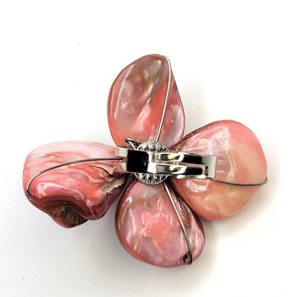 Peach Pink Shell with Freshwater Pearl Bead Asymmetric Flower Adjustable Ring - Picture 3 of 16